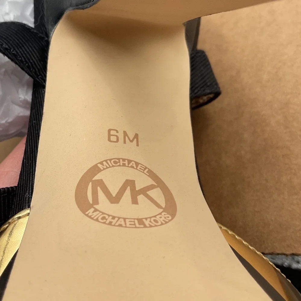 Michael Kors Bennett Gold Black Platform Block Heel Sandals Womens 6M Resort 19